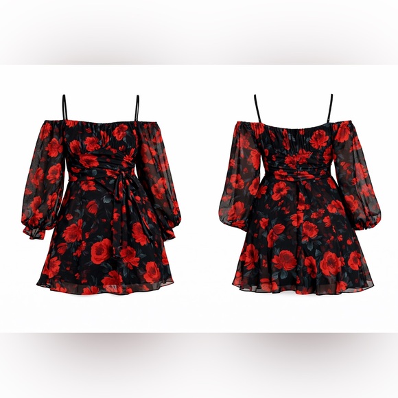 Macy's B.Darlin Chiffon W/Balloon Sleeves Black & Red Size 5/6 - NWT - Picture 2 of 7